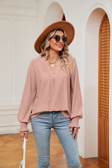 Notched Neck Flounce Sleeve Blouse