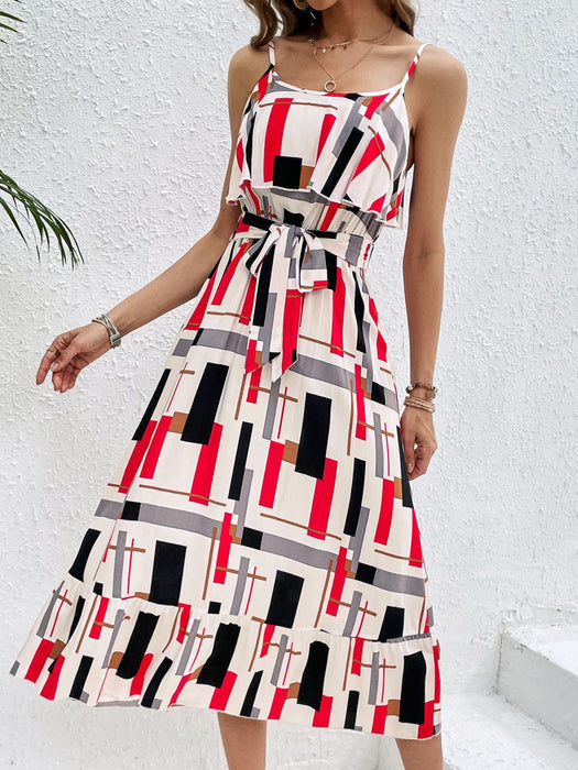 Perfee Ruffled Printed Tie Waist Midi Dress