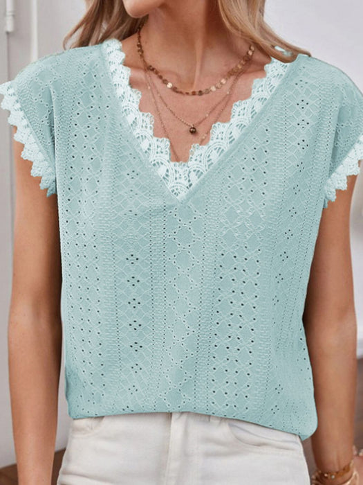 Shiny V-Neck Eyelet Short Sleeve Top