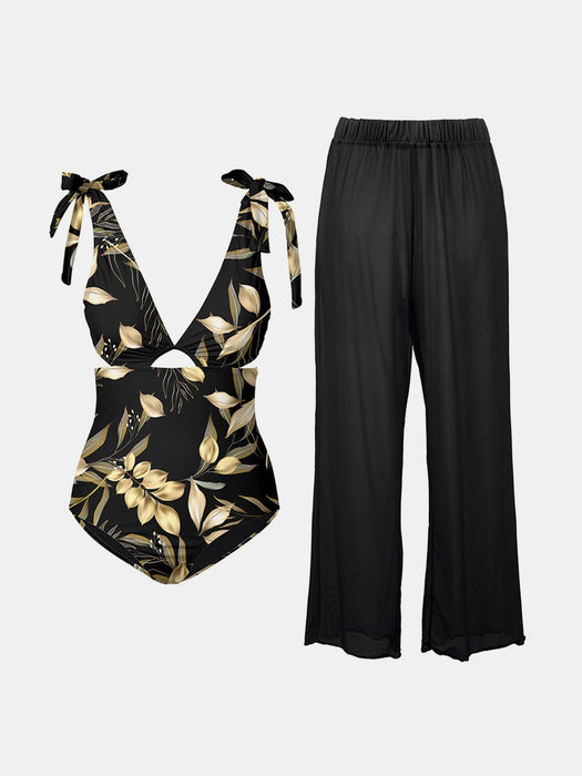 FAM-FAM Cutout Tied Bodysuit and Pants Swim Set