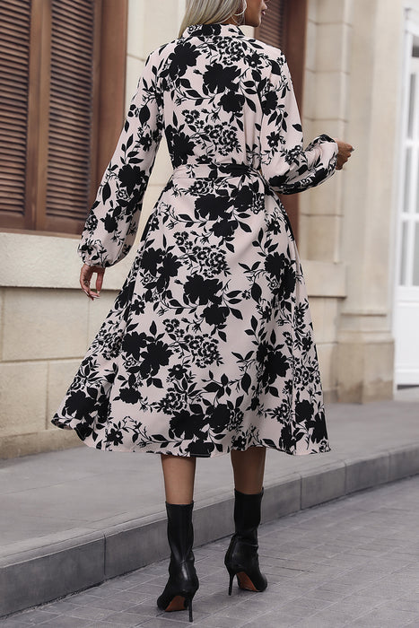 Perfee Floral Balloon Sleeve Tied Midi Dress