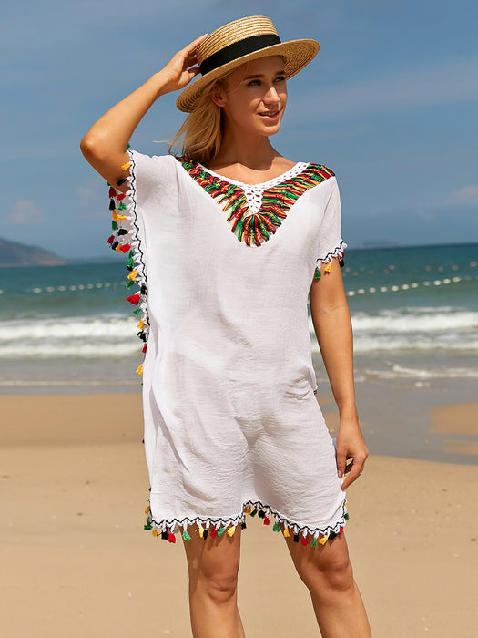 Tassel V-Neck Short Sleeve Cover Up