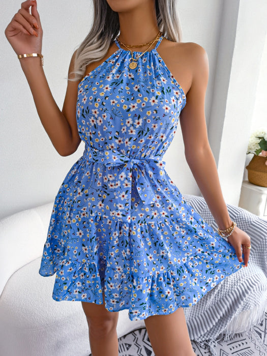 Tied Printed Grecian Neck Mini Dress