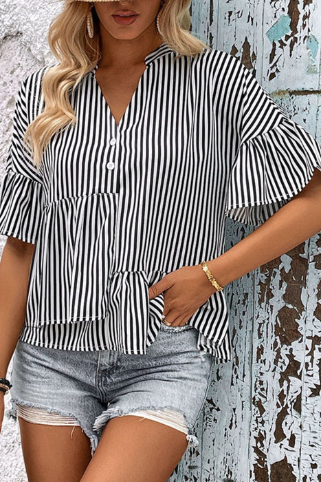 Perfee Striped Asymmetrical Flounce Sleeve Blouse