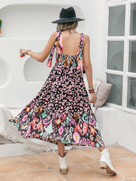 Printed Plunge Sleeveless Midi Dress