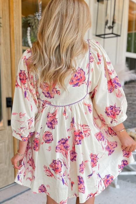 Tied Flower Printed Three-Quarter Sleeve Dress