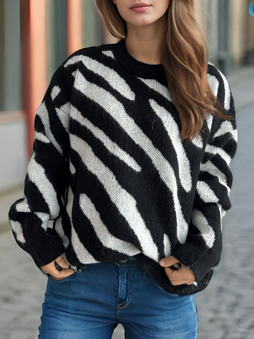 Contrast Round Neck Long Sleeve Sweater