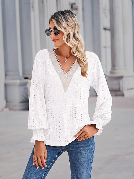 V-Neck Eyelet Flounce Sleeve Blouse