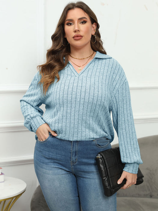 Plus Size Ribbed Collared Neck Long Sleeve Blouse