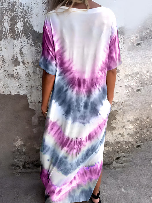 Full Size Pocketed Tie-Dye Short Sleeve Dress