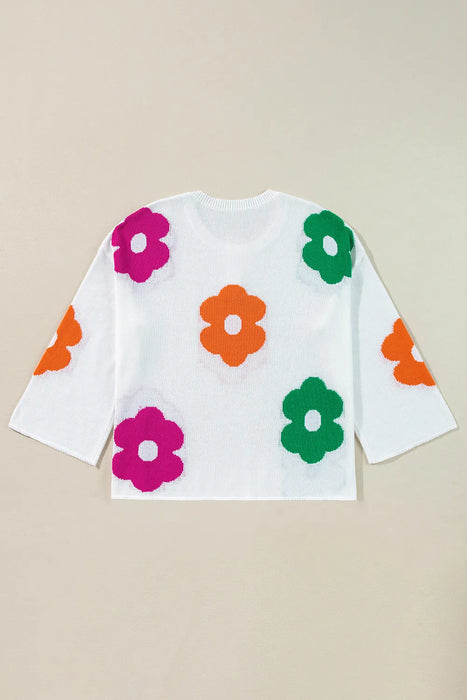 Flower Round Neck Quarter Button Knit Top