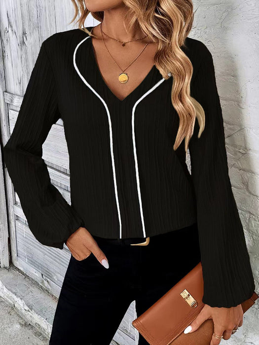 Contrast V-Neck Long Sleeve Blouse