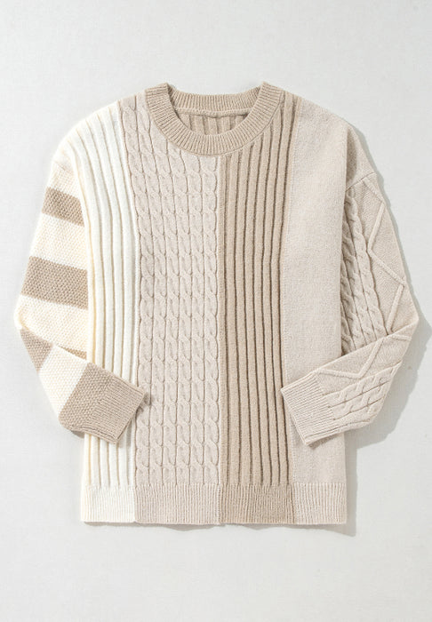 Cable-Knit Color Block Round Neck Sweater