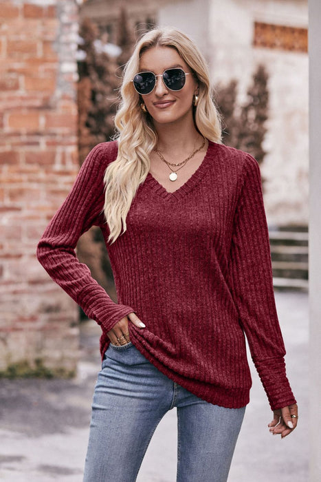 Mandy V-Neck Long Sleeve Ribbed Top