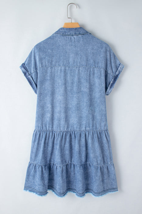 Raw Hem Collared Neck Short Sleeve Denim Dress