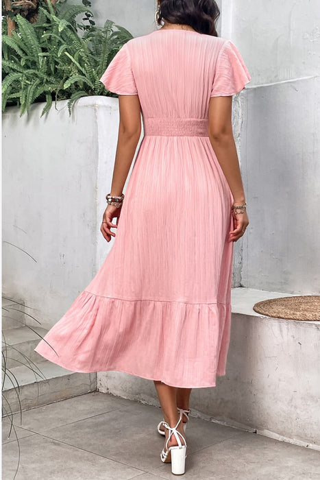 Honey Surplice Neck Smocked Waist Flutter Sleeve Dress