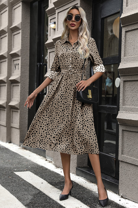 Perfee Printed Belted Long Sleeve Midi Dress