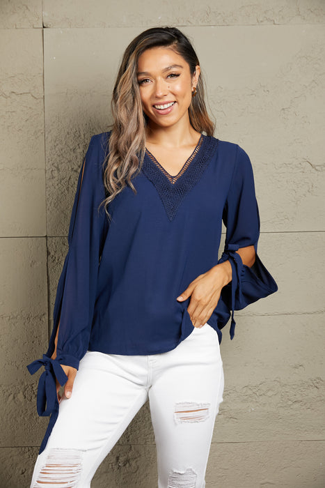 Perfee V-Neck Tie Cuff Slit Blouse