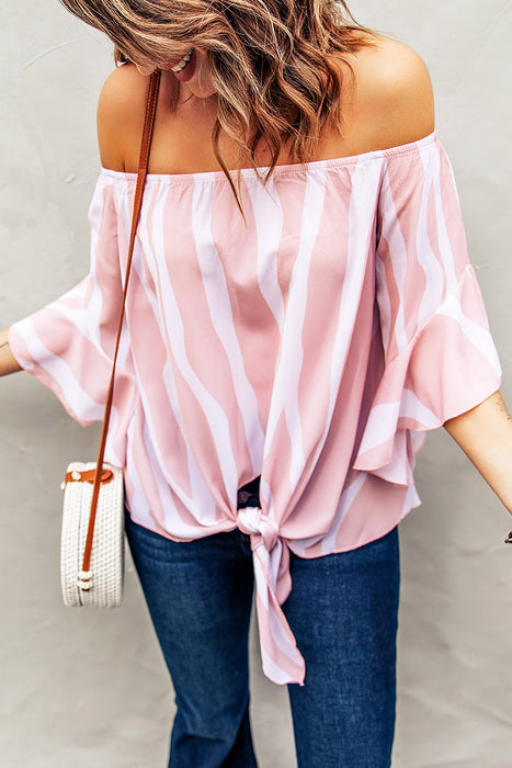 Striped Tie Front Flounce Sleeve Blouse