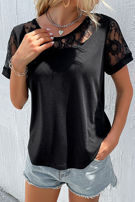 Perfee Spliced Lace Round Neck Short Sleeve Top