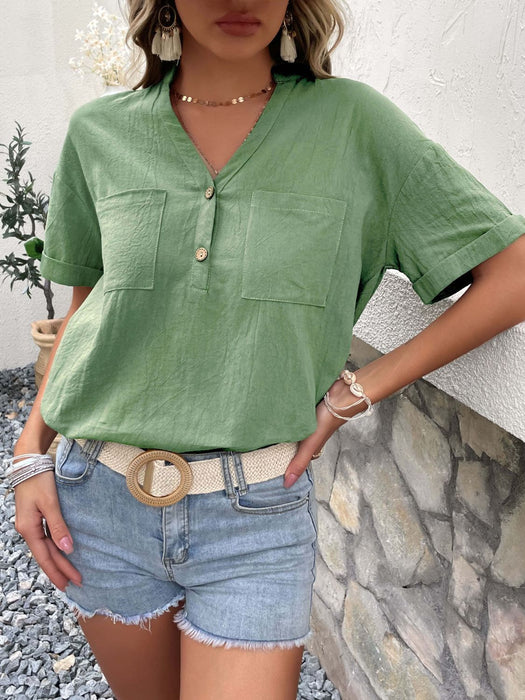 Perfee Buttoned Notched Neck Cuffed Sleeve Blouse