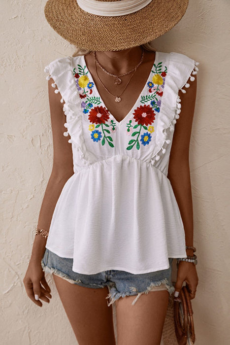 Perfee Embroidered Pom-Pom Trim Cap Sleeve Babydoll Top