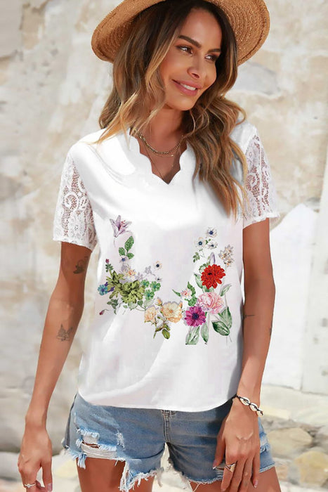 Shiny Floral Graphic Scalloped V-Neck Top