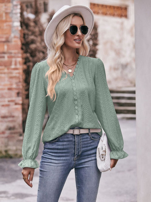 Mandy Eyelet V-Neck Flounce Sleeve Blouse