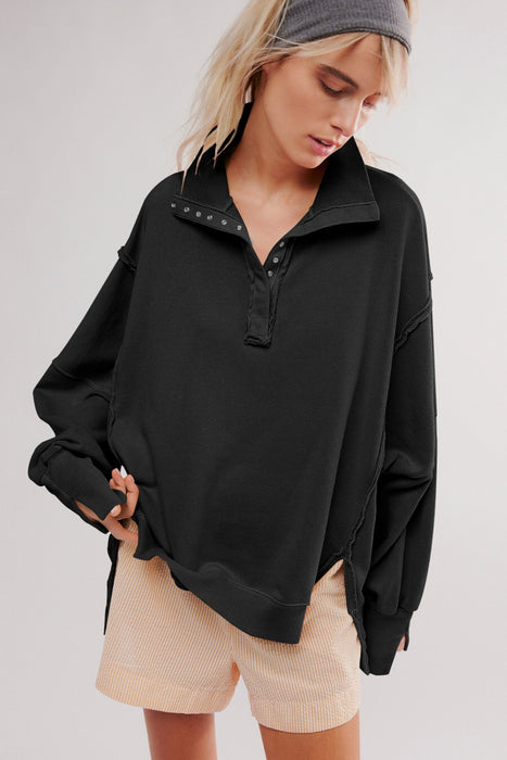 Exposed Seam Side Slit Long Sleeve Sweatshirt