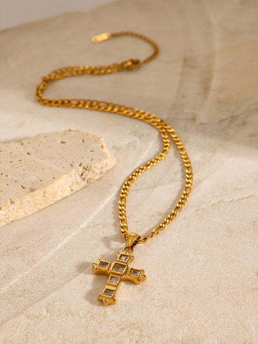 Stainless Steel Zircon Cross Pendant Necklace