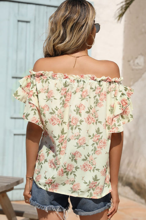 Shiny Floral Frill Trim Off-Shoulder Blouse