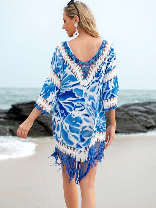 Cutout V-Neck Three-Quarter Sleeve Cover Up