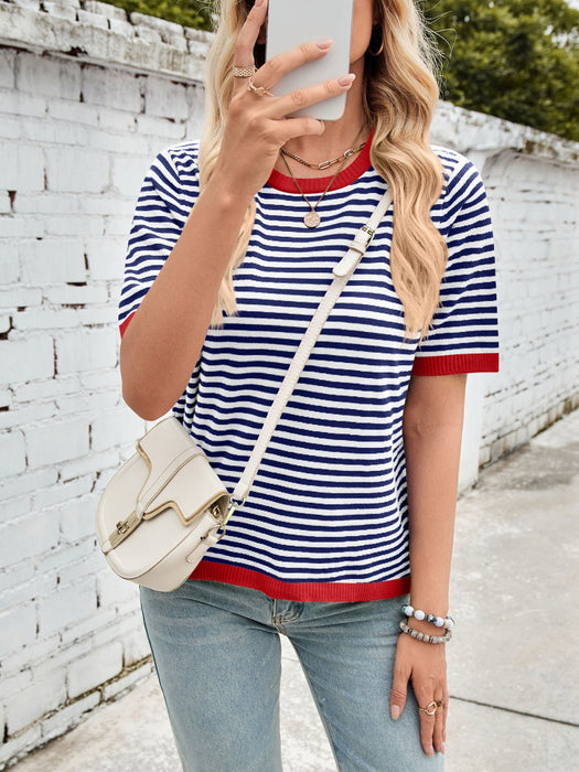 Lovelet Striped Contrast Round Neck Half Sleeve Knit Top