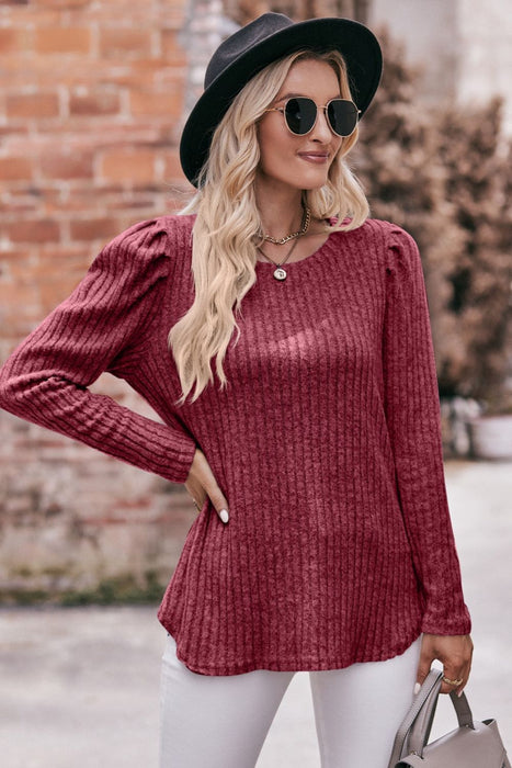 Mandy Round Neck Puff Sleeve Ribbed Top