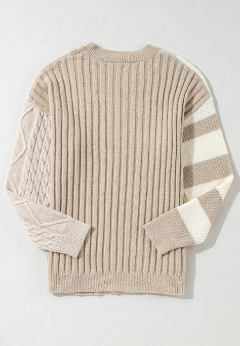 Cable-Knit Color Block Round Neck Sweater