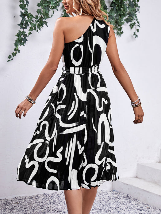 Perfee Printed Single Shoulder Tie Waist Dress