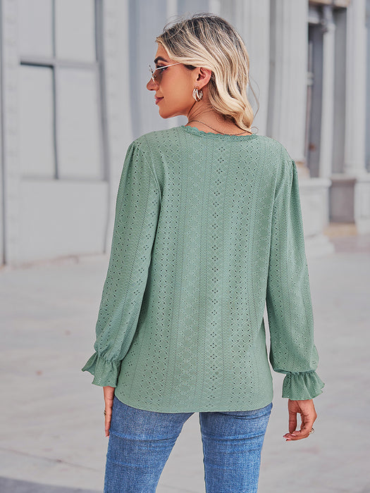 Eyelet V-Neck Flounce Sleeve Blouse