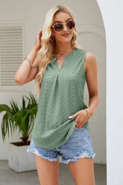 Notched Neck Curved Hem Eyelet Tank