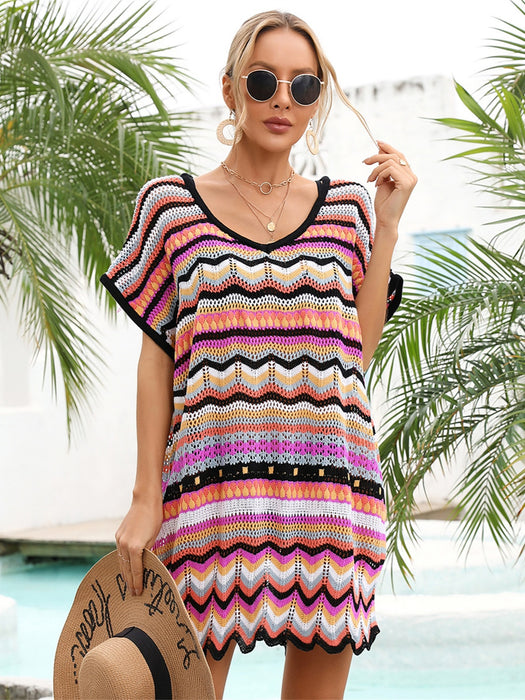 Angel Wings Rainbow Stripe Scalloped V-Neck Cover-Up Dress