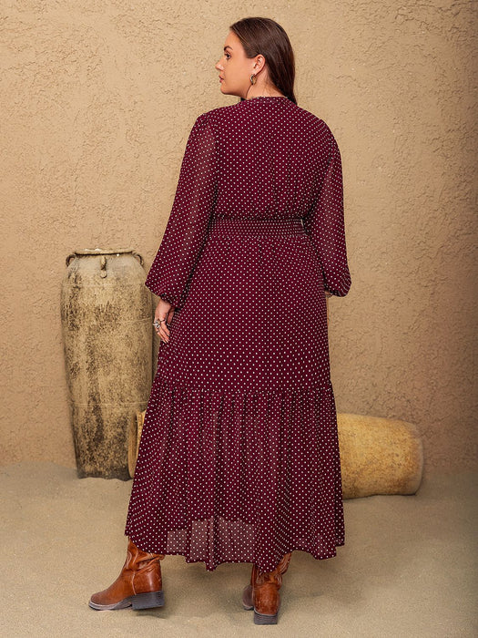 Plus Size Embroidered Polka Dot Tie Neck Long Sleeve Midi Dress