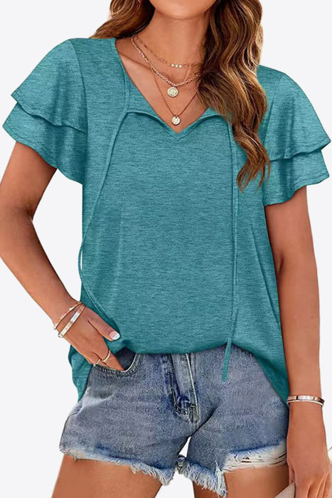 Tie-Neck Layered Flutter Sleeve Blouse