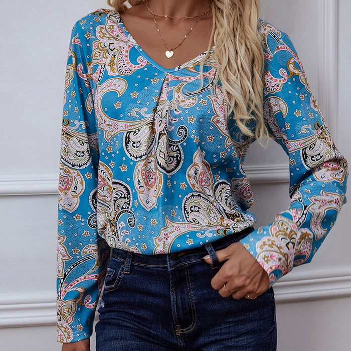 Shiny Printed V-Neck Long Sleeve Blouse