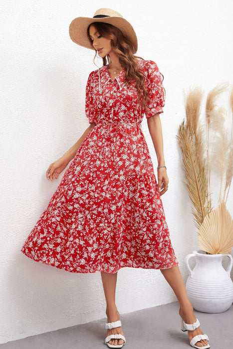 Honey Floral Tie Waist Puff Sleeve Midi Dress