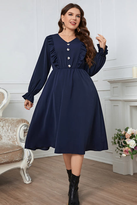 Honey Melo Apparel Plus Size V-Neck Buttoned Flounce Sleeve Dress