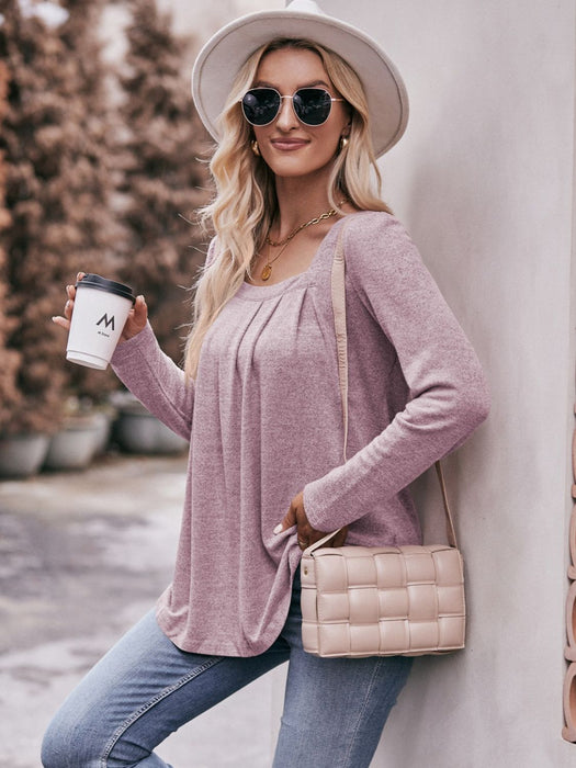 Mandy Pleated Detail Curved Hem Long Sleeve Top