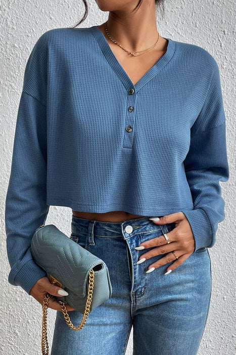 Ivy Lane Cropped V-Neck Raglan Sleeve Buttoned Blouse