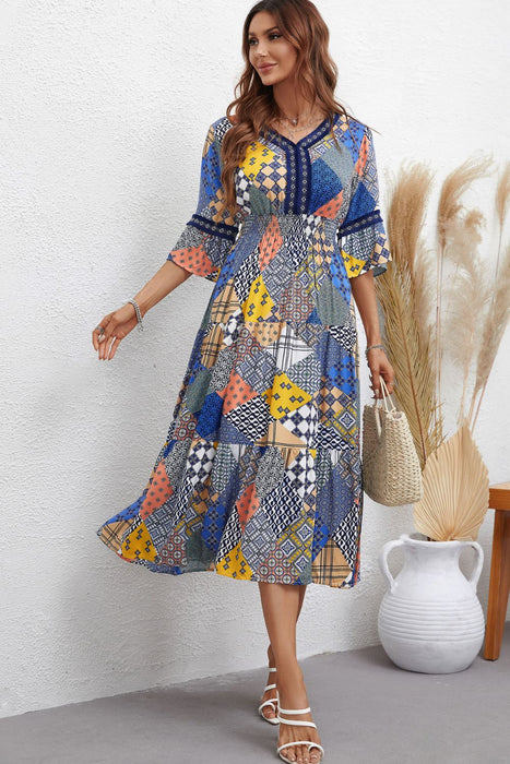 Honey Patchwork V-Neck Tiered Midi Dress