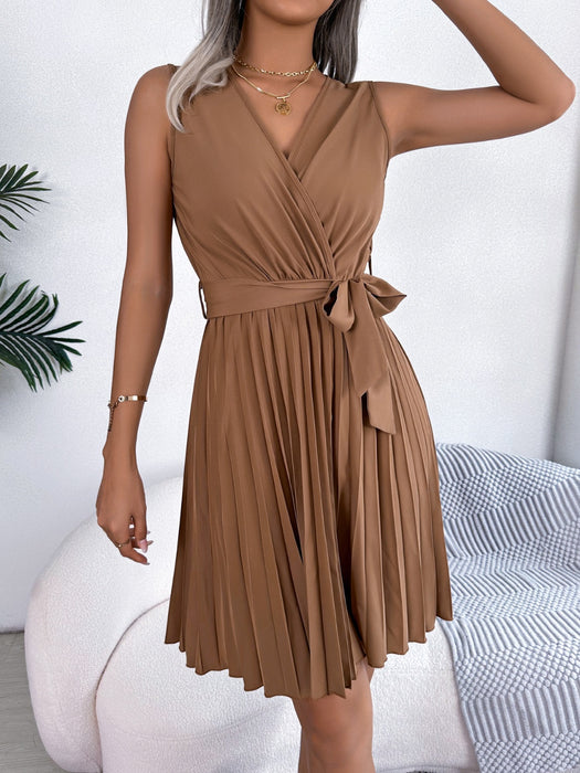 Tied Surplice Sleeveless Pleated Dress