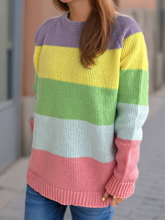 Color Block Round Neck Long Sleeve Sweater