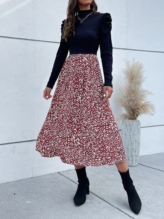 Perfee Printed Mock Neck Puff Sleeve Midi Dress